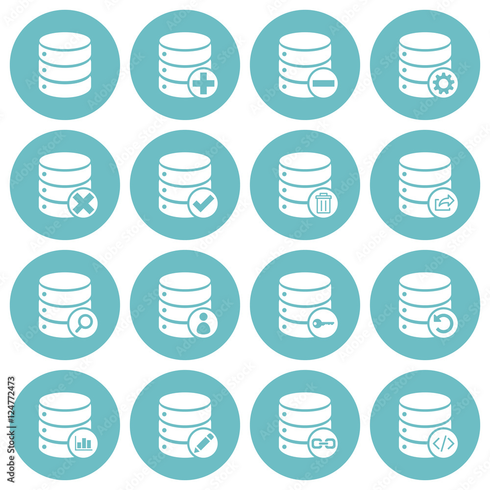 Set of 16 basic database management flat icons Set of 16 basic database management flat icons