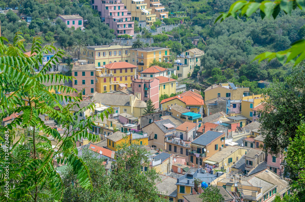 Monterosso in Cinque Terre, Italy, view at the town from mountain trail