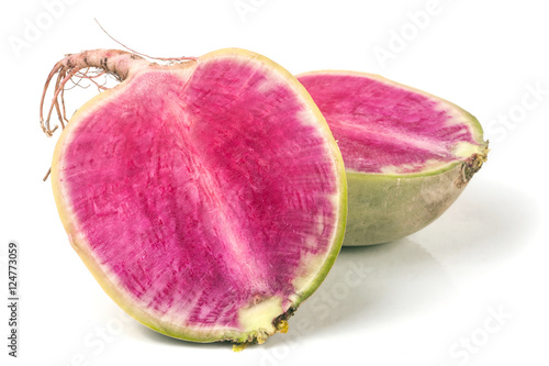 one sliced watermelon radish isolated on white background