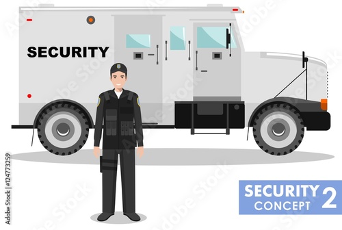 Security concept. Detailed illustration of armored car and security guard on white background in flat style. Vector illustration.