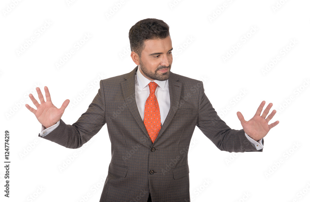 Businessman opens his arms in welcome lots of copy space. Businessman opens his arms in welcome lots of copy space.