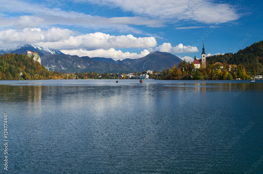 View of the castle and of the Church of the Assumption in the island of the Lake of Bled (Blejsko jezero), Slovenia
