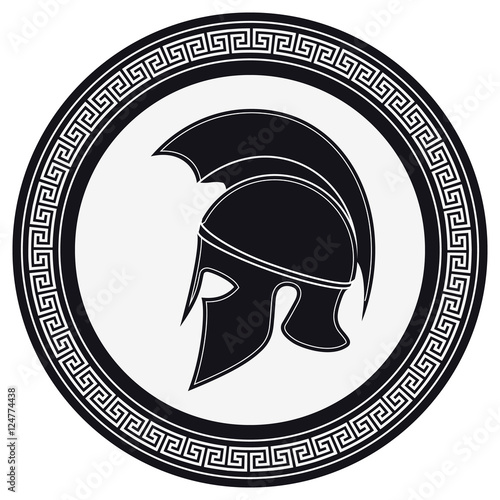 Ancient Greek Helmet with a Crest on the Shield on a White Backg