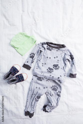 Baby boy clothes on white background