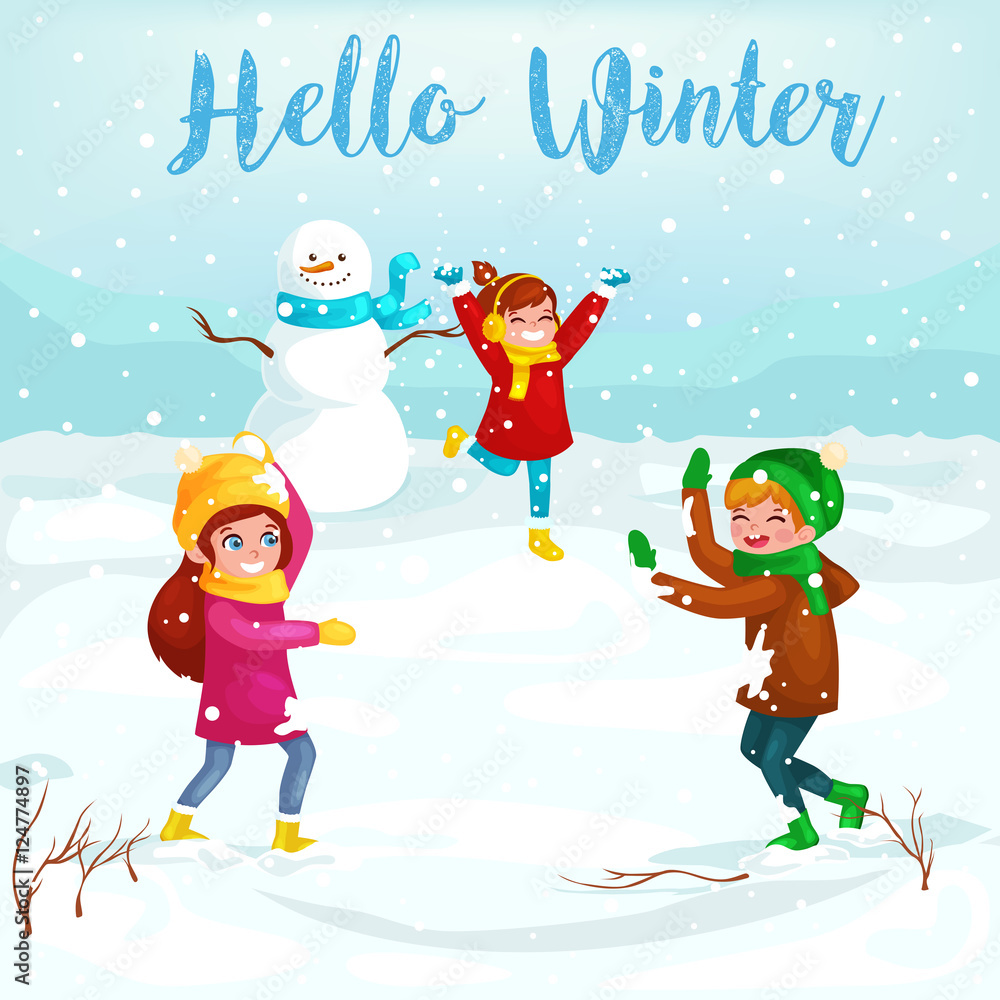Winter kids Vector illustration. Boy and girl playing in snowballs. Funny  cartoon character. christmas cards Stock Vector | Adobe Stock