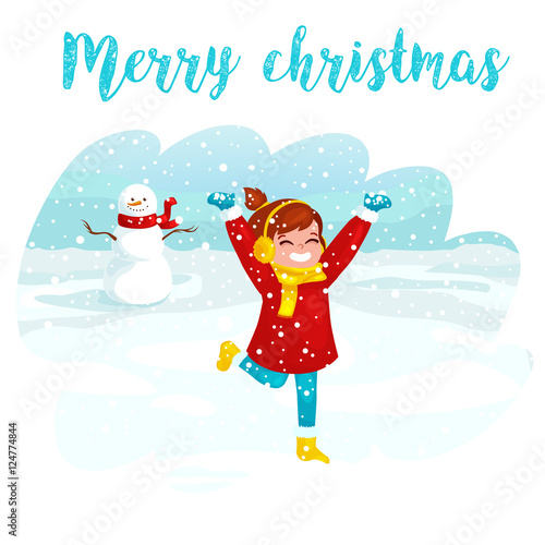 Winter kids Vector illustration. Girl trying to catch snowflakes. Funny cartoon character. christmas cards