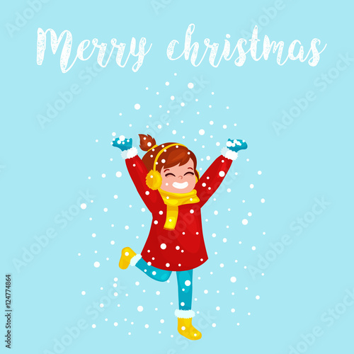 Winter kids Vector illustration. Girl trying to catch snowflakes. Funny cartoon character. christmas cards