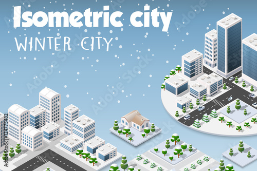 Isometric set of the modern 3D city. Winter landscape snowy trees, streets. Three-dimensional views of skyscrapers, houses, buildings and urban areas with transport roads, intersections