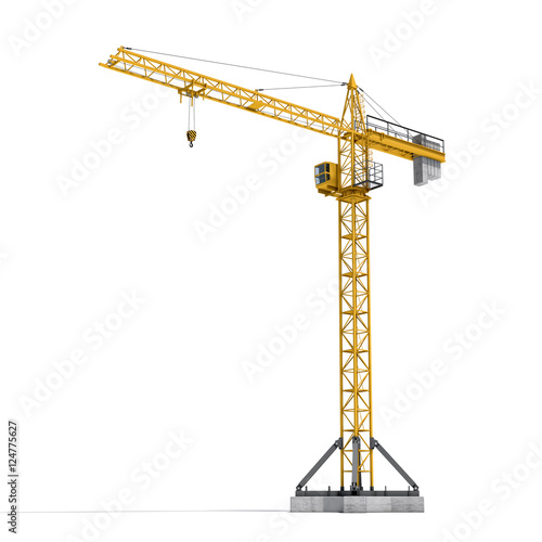 Rendering of yellow tower crane full-height isolated on the white background. photo