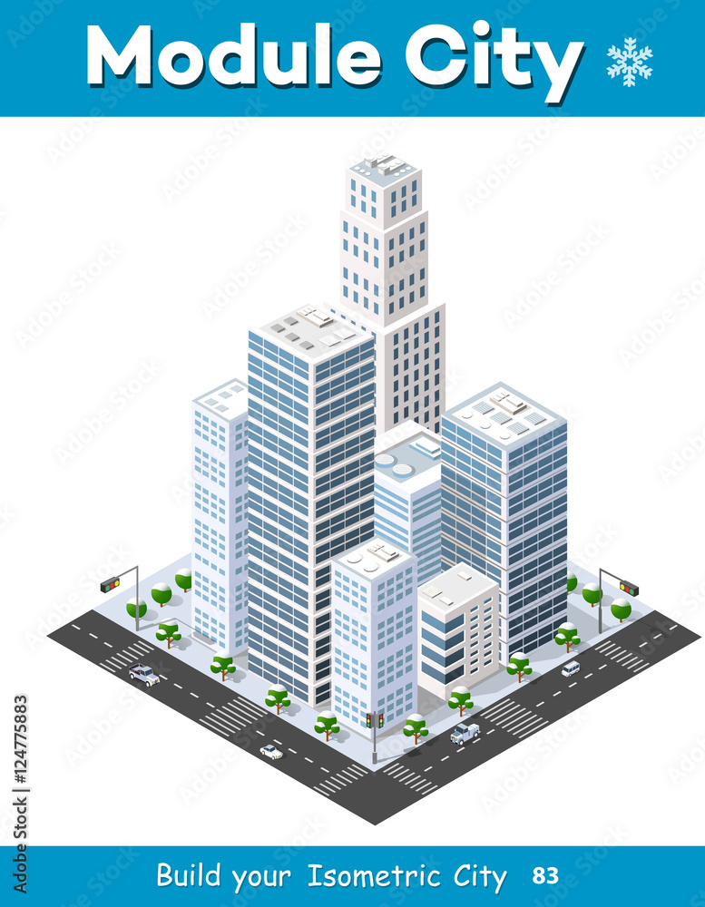 Isometric module of the modern 3D city. Winter landscape snowy trees, streets. Three-dimensional views of skyscrapers, houses, buildings and urban areas with transport roads, intersections