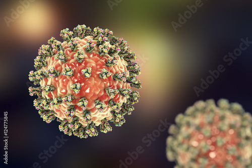 Parainfluenza virus, 3D illustration. Common cold virus. Paramyxovirus. Illustration shows structure of parainfluenza virus with surface glycoprotein spikes photo