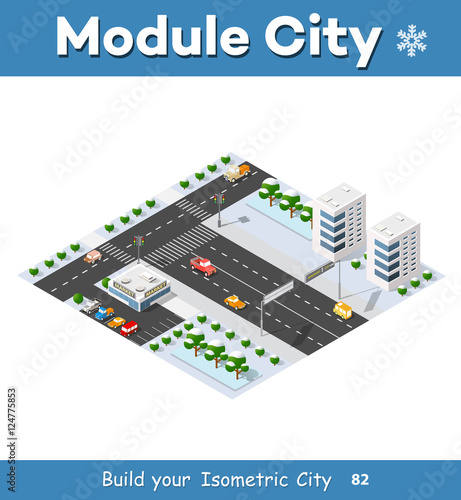 Isometric module of the modern 3D city. Winter landscape snowy trees, streets. Three-dimensional views of skyscrapers, houses, buildings and urban areas with transport roads, intersections © AlexZel