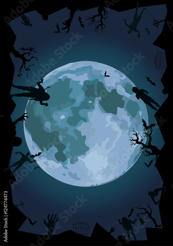 Halloween night moon zombi zombie evil spirits monster freak beast skeleton hipster hold wooden board party invite bat graveyard.Vector vertical closeup view illustration poster signboard