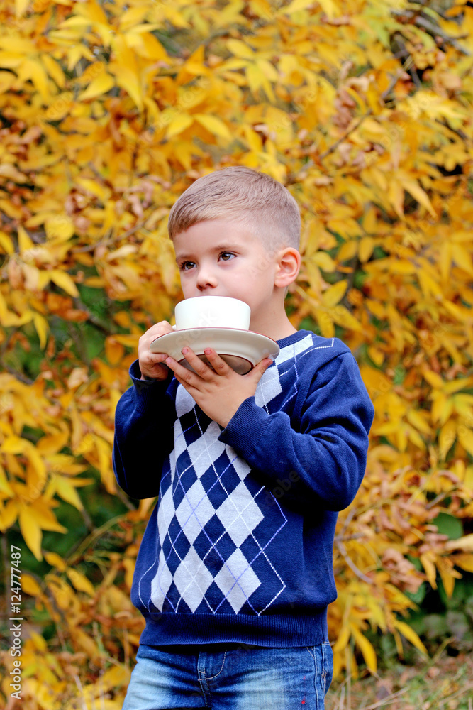 Handsome small boy holds a coffee cup and plate outdoors. Handsome small boy holds a coffee cup and plate outdoors.