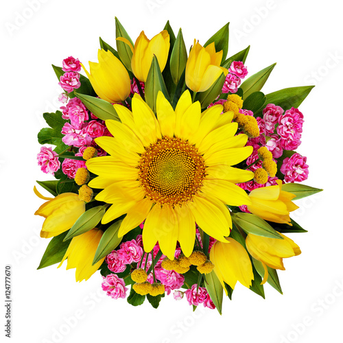 Sunflower, tulips and hawtorn flowers bouquet photo