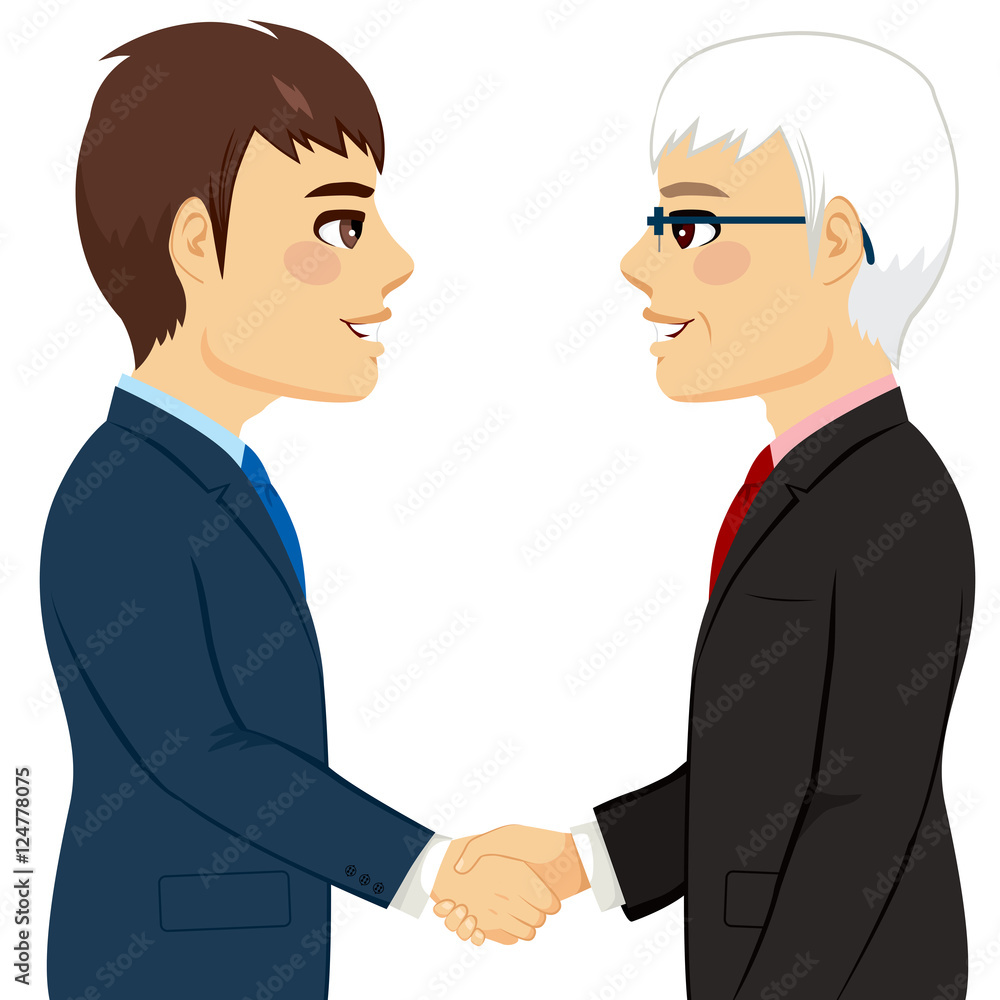 Portrait of two businessmen shaking hands senior young partnership concept Portrait of two businessmen shaking hands senior young partnership concept
