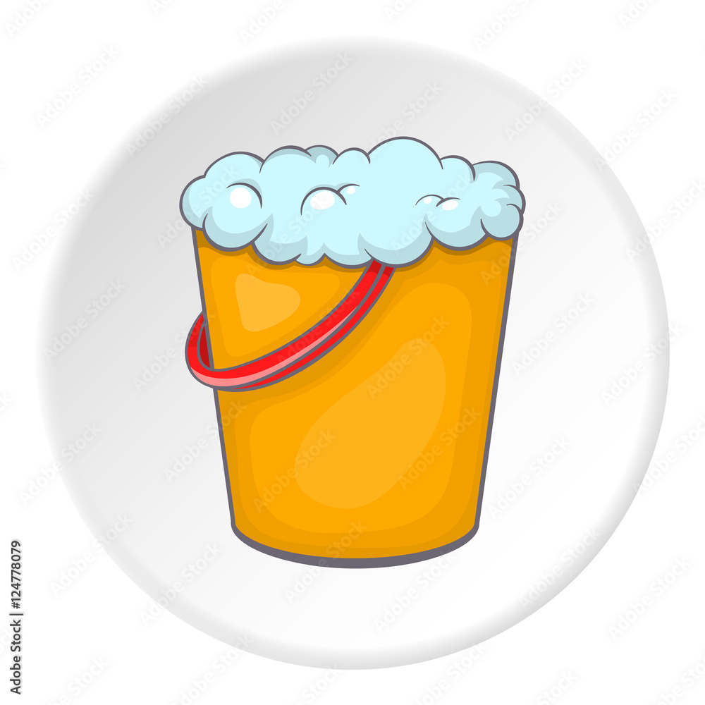 Orange bucket with foamy water icon. Cartoon illustration of bucket with foamy water vector icon for web Orange bucket with foamy water icon. Cartoon illustration of bucket with foamy water vector icon for web