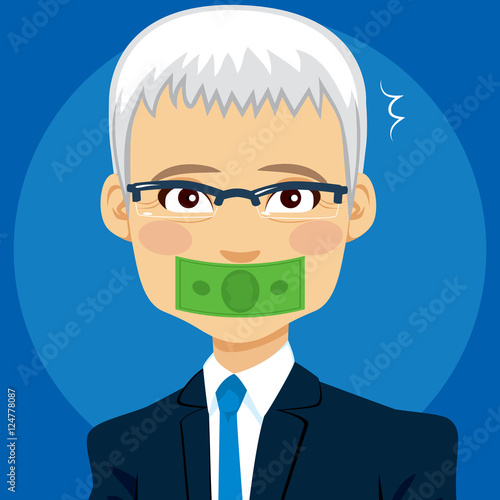 Money dollar banknote covering senior businessman mouth buying silence corruption concept