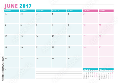 Calendar Planner Template for 2017 Year. June. Business Planner Template. Stationery Design. Week starts Monday. Vector Illustration
