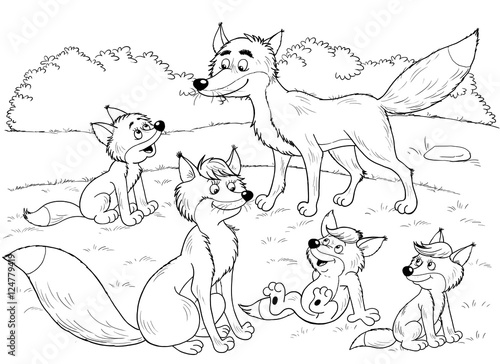 At The Zoo A Family Of Cute Foxes Mother Fox Father Fox And Their Babies Illustration For Children Coloring Book Coloring Page Funny Cartoon Characters Ilustracion De Stock Adobe Stock