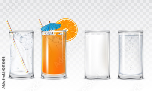 Set icons glasses with water, juice and milk