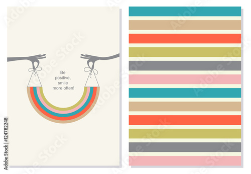 Funny, positive card, booklet. Creative card, hands hold a smile in the form of a rainbow.  Motivation quote on the background. Vector. 