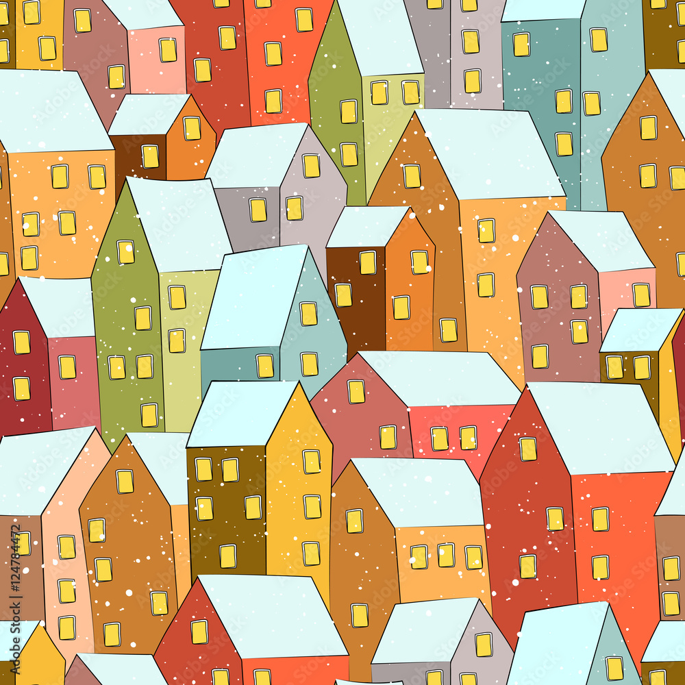 Seamless vector pattern. Winter city a day in the snow. Houses can be used to make wrapping paper, background and scenery greeting cards. Seamless vector pattern. Winter city a day in the snow. Houses can be used to make wrapping paper, background and scenery greeting cards.