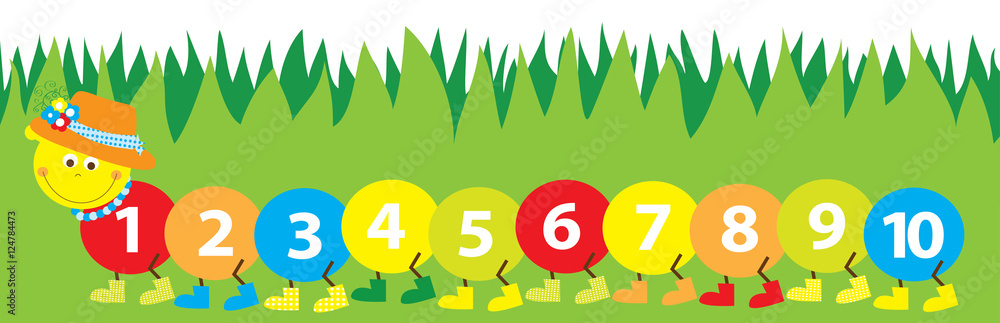 Happy, cute lady caterpillar with a hat and flowers / numbers line 1-10 / the green grass background