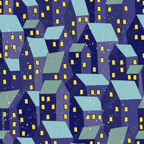 Seamless vector pattern. Winter night city in the snow. Houses can be used to make wrapping paper, background and scenery greeting cards.