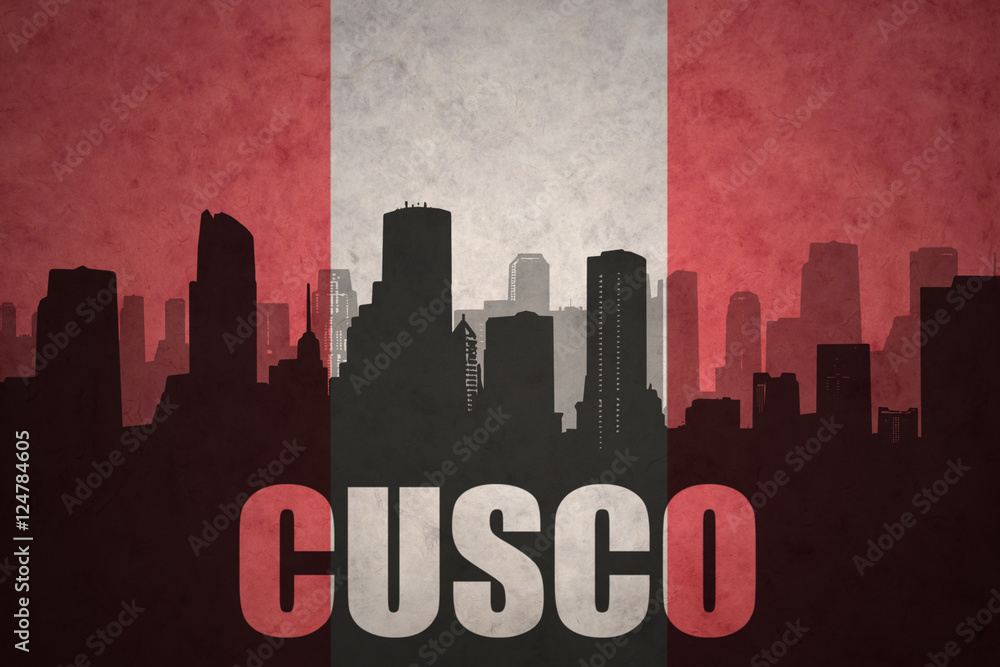 abstract silhouette of the city with text Cusco at the vintage peruvian flag