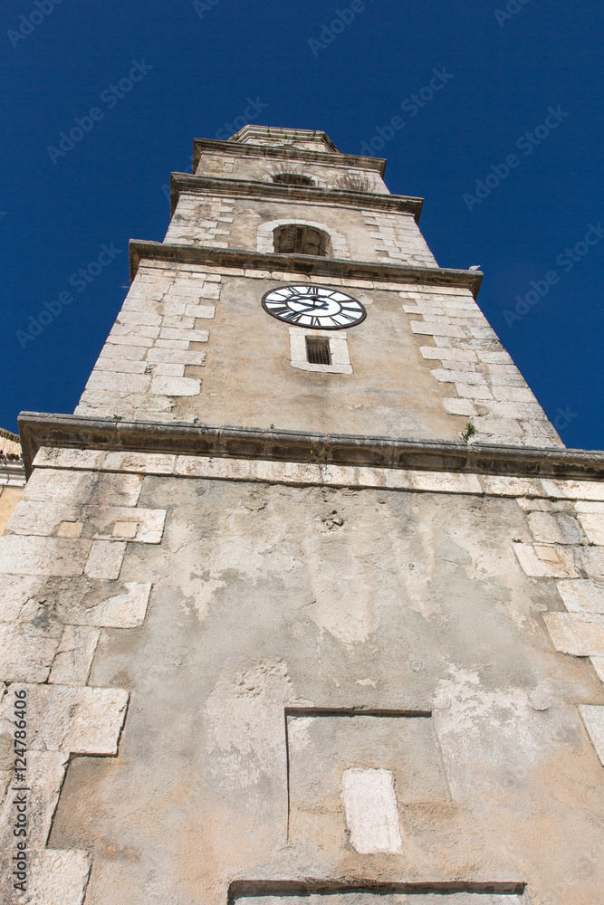 Steeple of the Mother church of Santa Croce in Palomonte, southern Italy