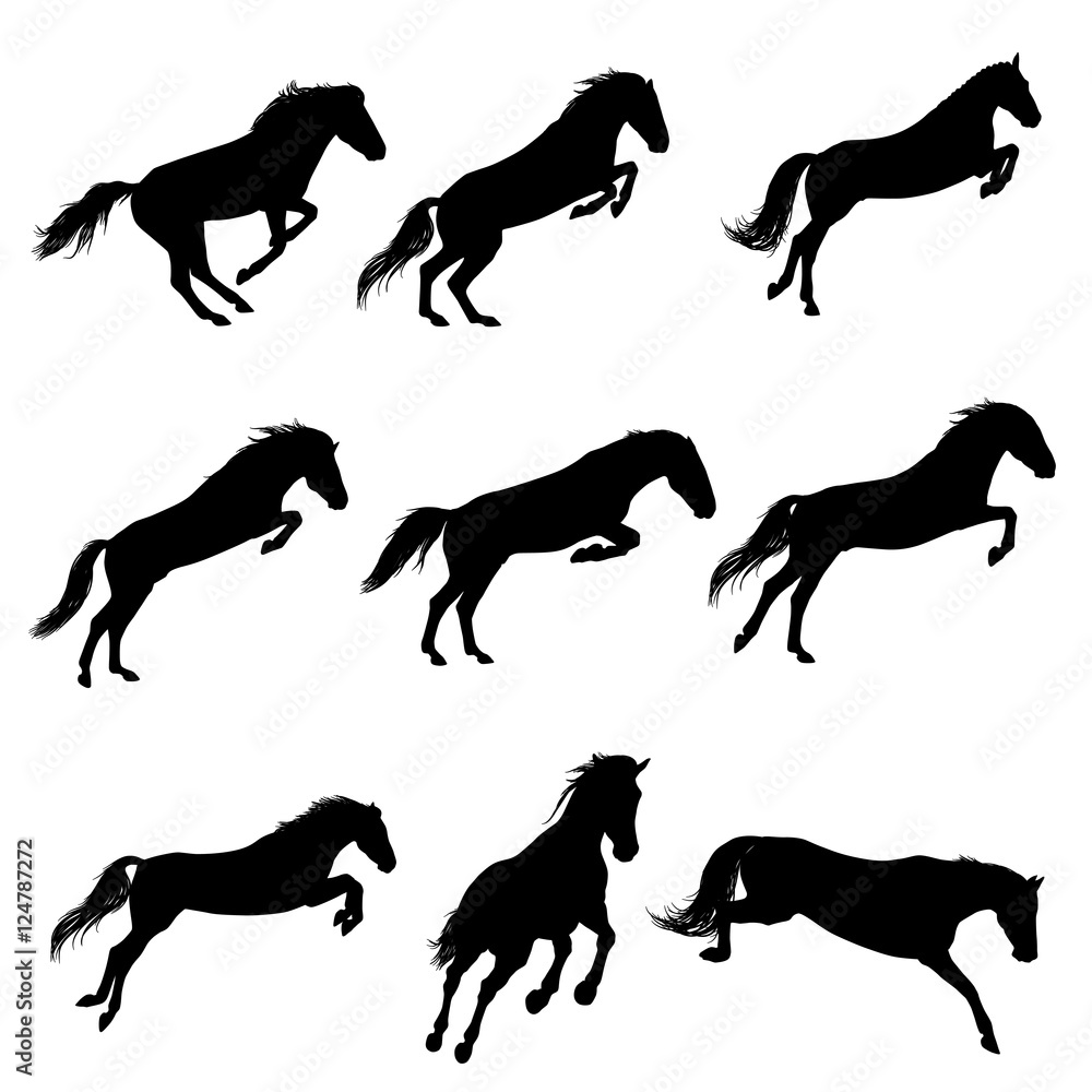 Set of a jumping horse silhouettes