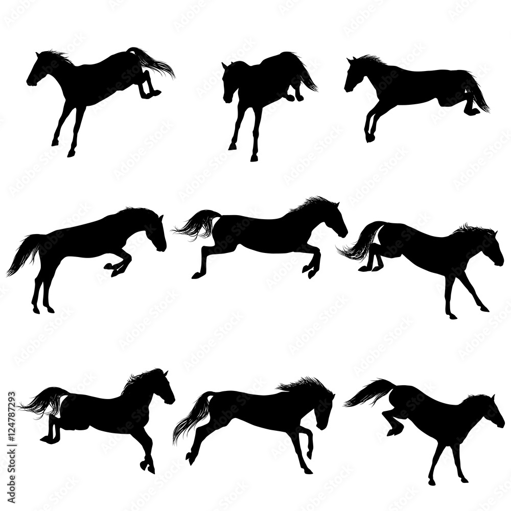 Set of a jumping horse silhouettes