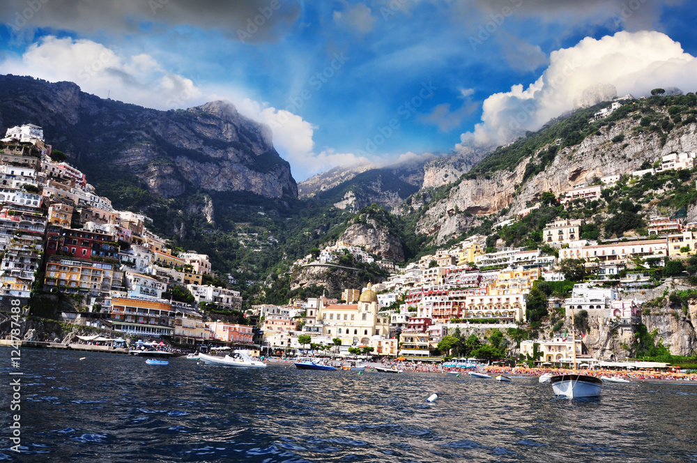 Colorful houses built on seaside cliff in Positano, Amalfi Coast