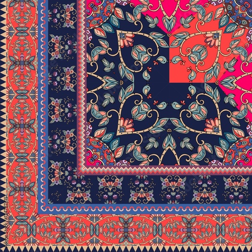 Quarter of the ethnic bandana print with ornamental border. Silk neck scarf with beautiful flowers and leaves. Rug. Vector illustration.
