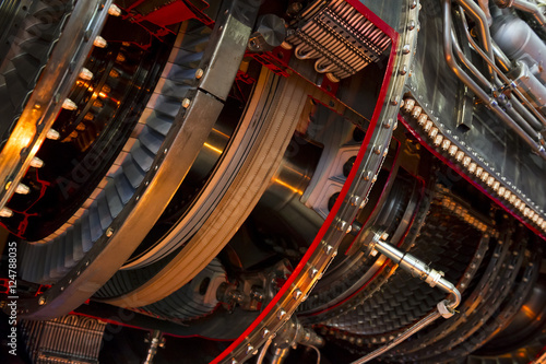 Jet engine, internal structure with hydraulic, fuel pipes and other hardware and equipment, aviation, aircraft and aerospace industry 