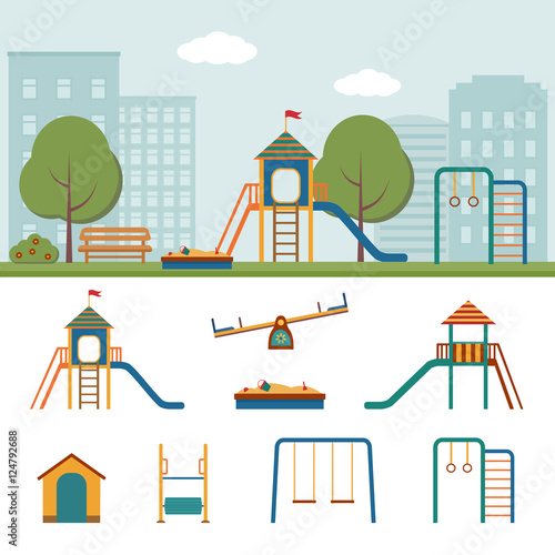 Kids playground in the City. Slide, swings, sandbox and other elements. Vector illustration.
