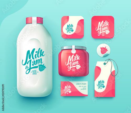 Set of milk and jam bottle, business card , label and badges
