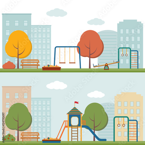 Children's playground with swings, a slide, a sandpit. Vector illustration 

