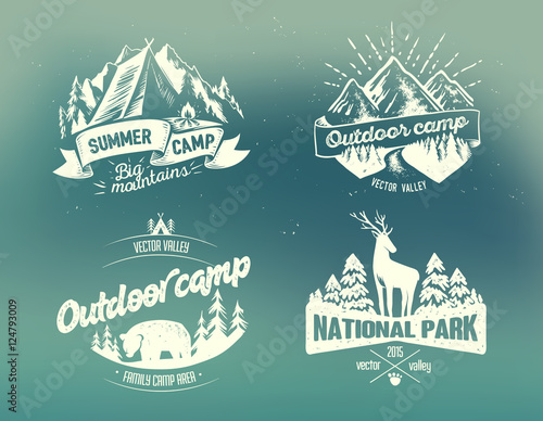 Set outdoor camp typography design label on on blurred backgroun