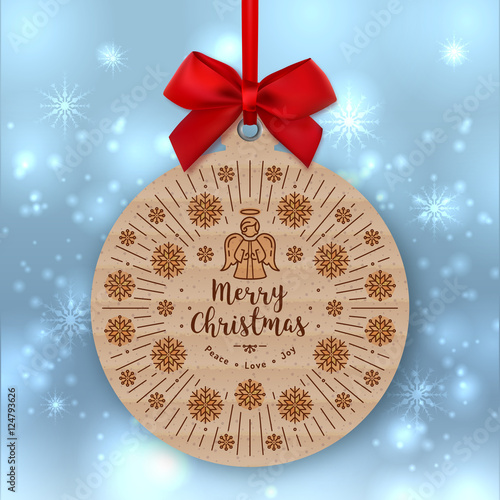 Trendy Merry Christmas round banner with red ribbon and bow, isolated on winter background. Christmas gift tag of kraft paper, Greeting card template made of cardboard, Vector Holiday round label