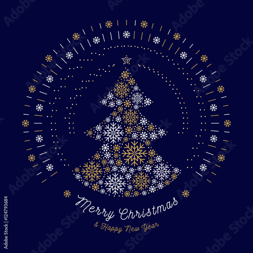 Merry Christmas card, Christmas tree and mono line art sun bursts or bursting rays. Abstract decorative tree made of snowflakes. Minimal design, corporate business style greeting card. Vector isolated