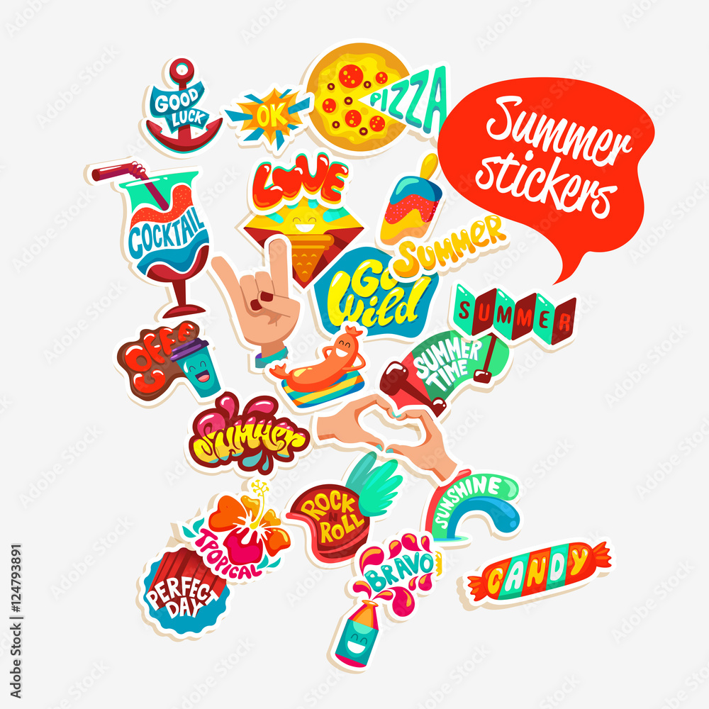 Collection of Summer stickers, badges and design elements. Retro