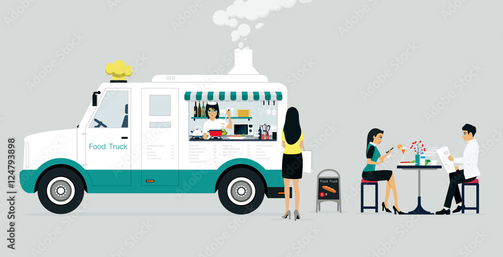 Food truck selling food to customers who have a gray background. Food truck selling food to customers who have a gray background.