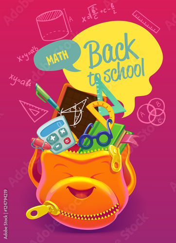 Colorful backpack with school subjects. Poster Design in Colorfu