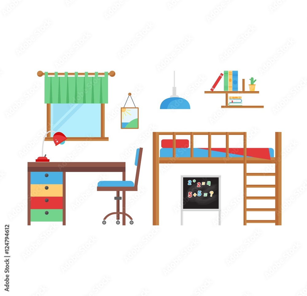 Fototapeta premium Boy baby room vector set.