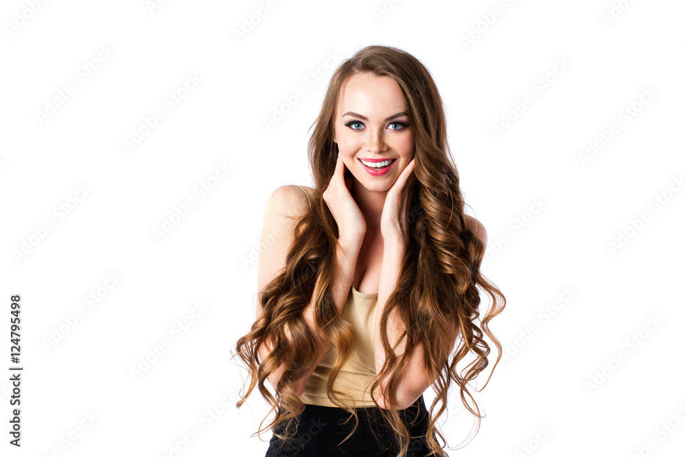 Beautiful woman with perfect skin and long curly hair on a white background. Beautiful woman with perfect skin and long curly hair on a white background.