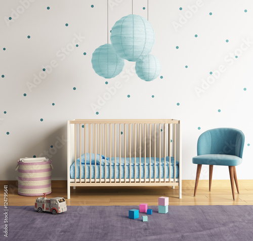 Modern nursery room with blue and purple accents