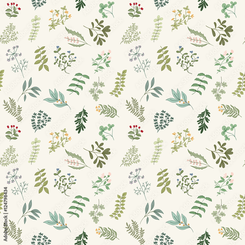 Seamless pattern of flowers, herbs and leaves Seamless pattern of flowers, herbs and leaves