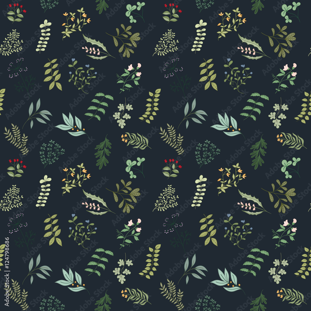 Seamless pattern of flowers, herbs and leaves